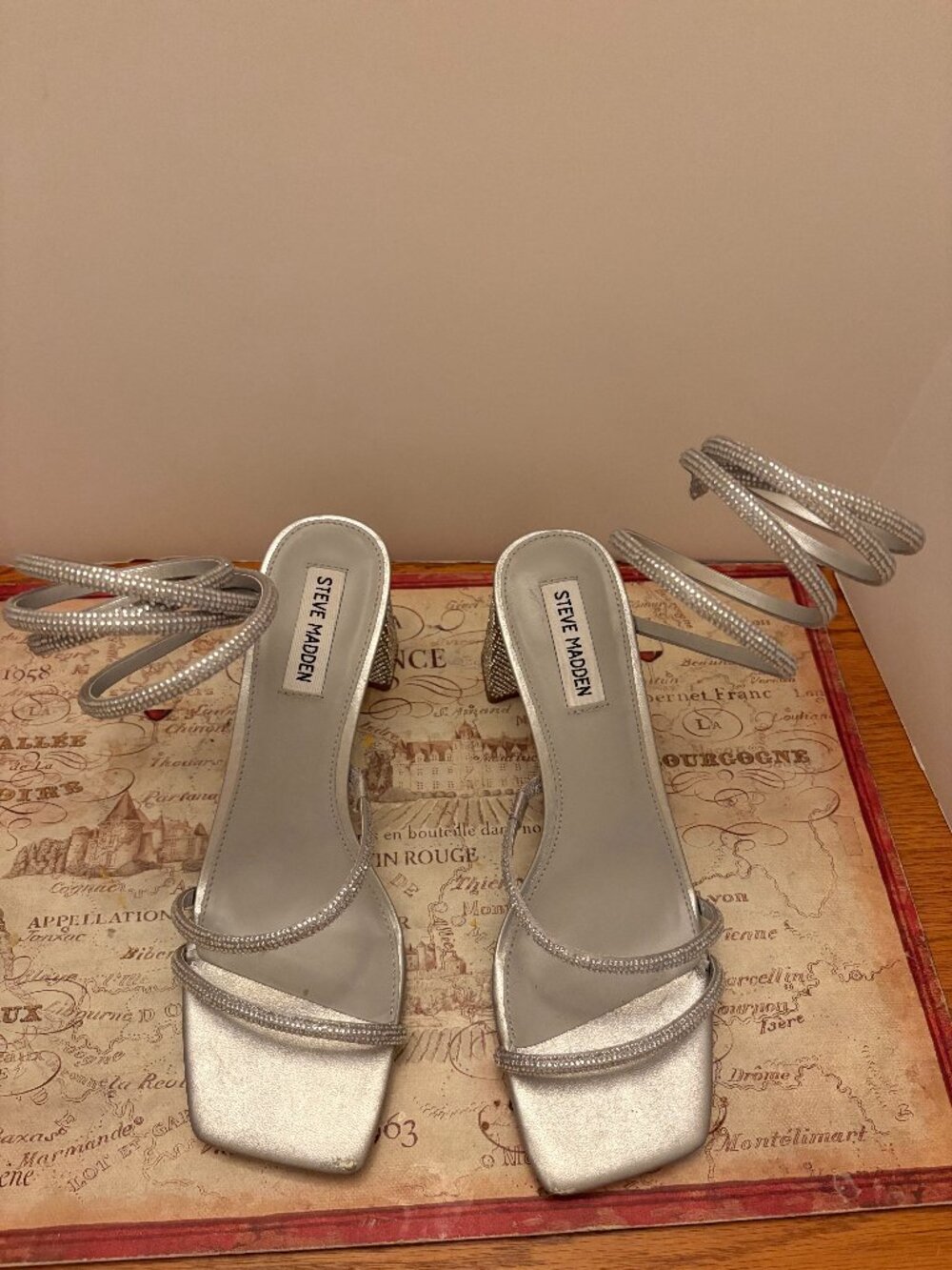 Steve Madden "Lopez" Silver Rhinestone Wrap Heels - Size 8.5